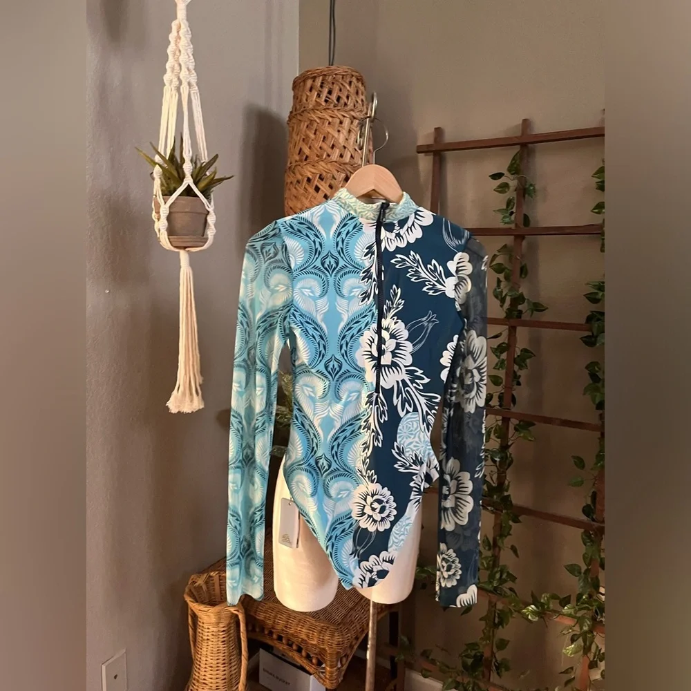 Agua Bendita Navy & Light Blue Floral Long-Sleeve One-Piece